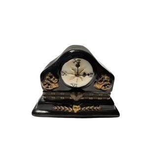 Porcelain hinged mantle clock trinket box w porcelain key inside